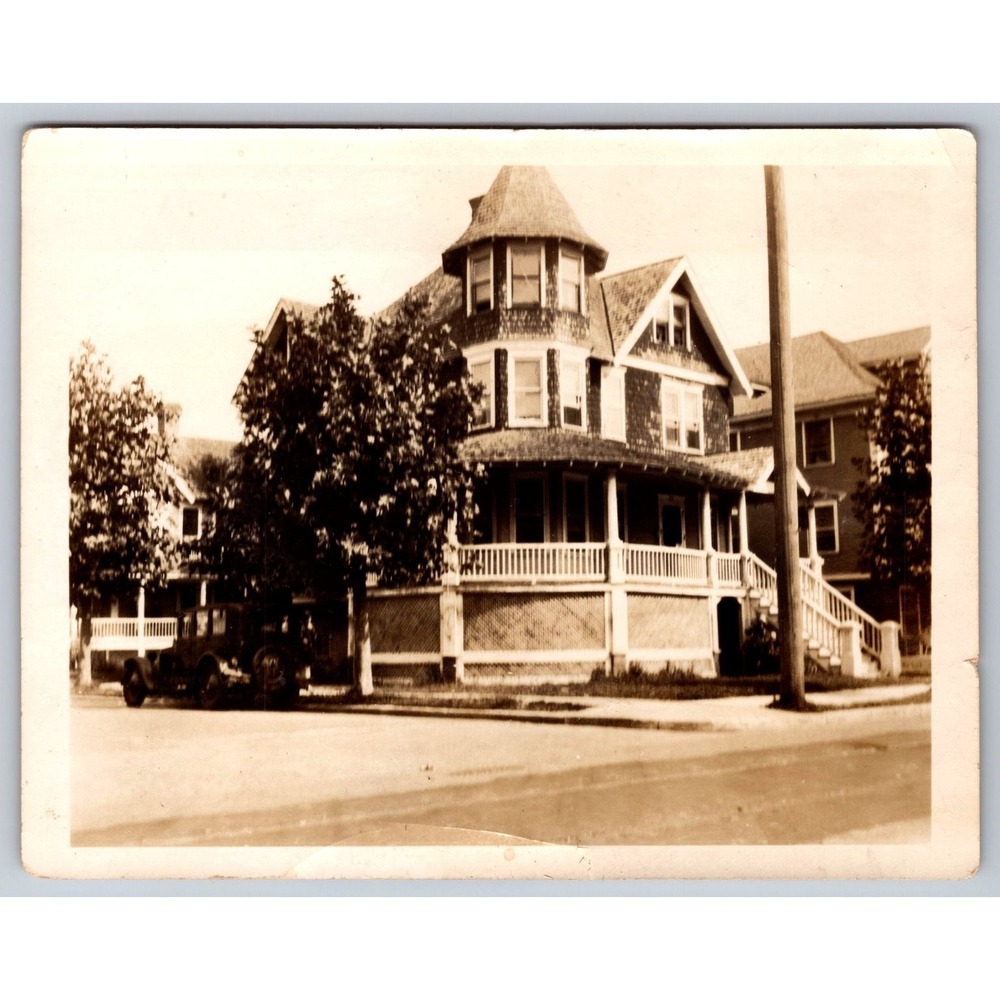 Ornate Victorian House 1920s Snapshot Photograph Vintage Car Architecture